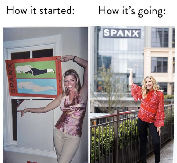 My version of the #HowItStarted challenge... #TBT to hanging the "Spanx sign" years ago! The sign was made of cardboard and I hung it with tape in the original Spanx HQ, aka the spare bedroom in my apartment. It kept falling down... as you can see. 😂 Fast forward 20 years later and the Spanx sign is now made of much sturdier material and hangs on the top of a building. Pinch me! Never underestimate the power of a crazy idea and your ability to make it happen!